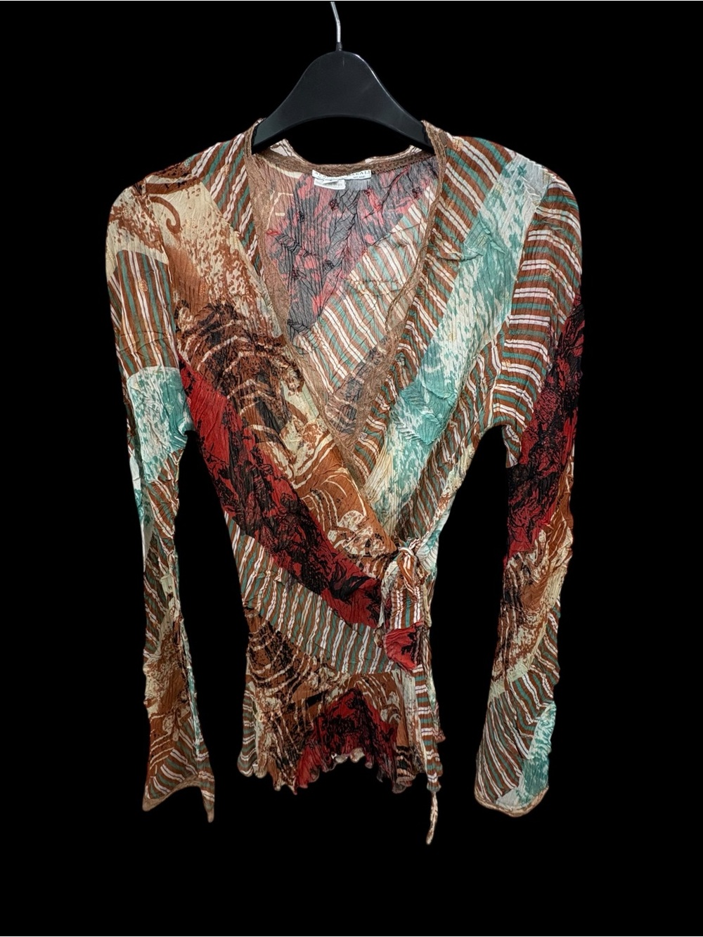 Alberto Makali Abstract Crinkle Wrap Tie Blouse Aqua Rust Y2K Size